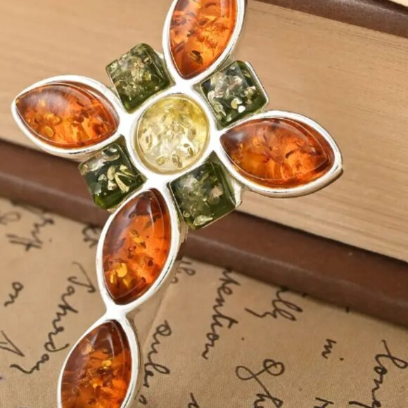 🍀 Sterling 925 Amber Cross Multi - Picture 3 of 3
